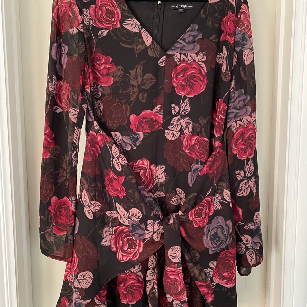 Guess Women's Black/Pink Floral Long Sleeve V-Neck Dress Sz L